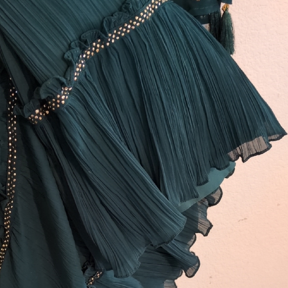 Formal Dress: Deep Green w/Gold Embellishments & Flowy Cape on Modest Sleeveless - Picture 6 of 16